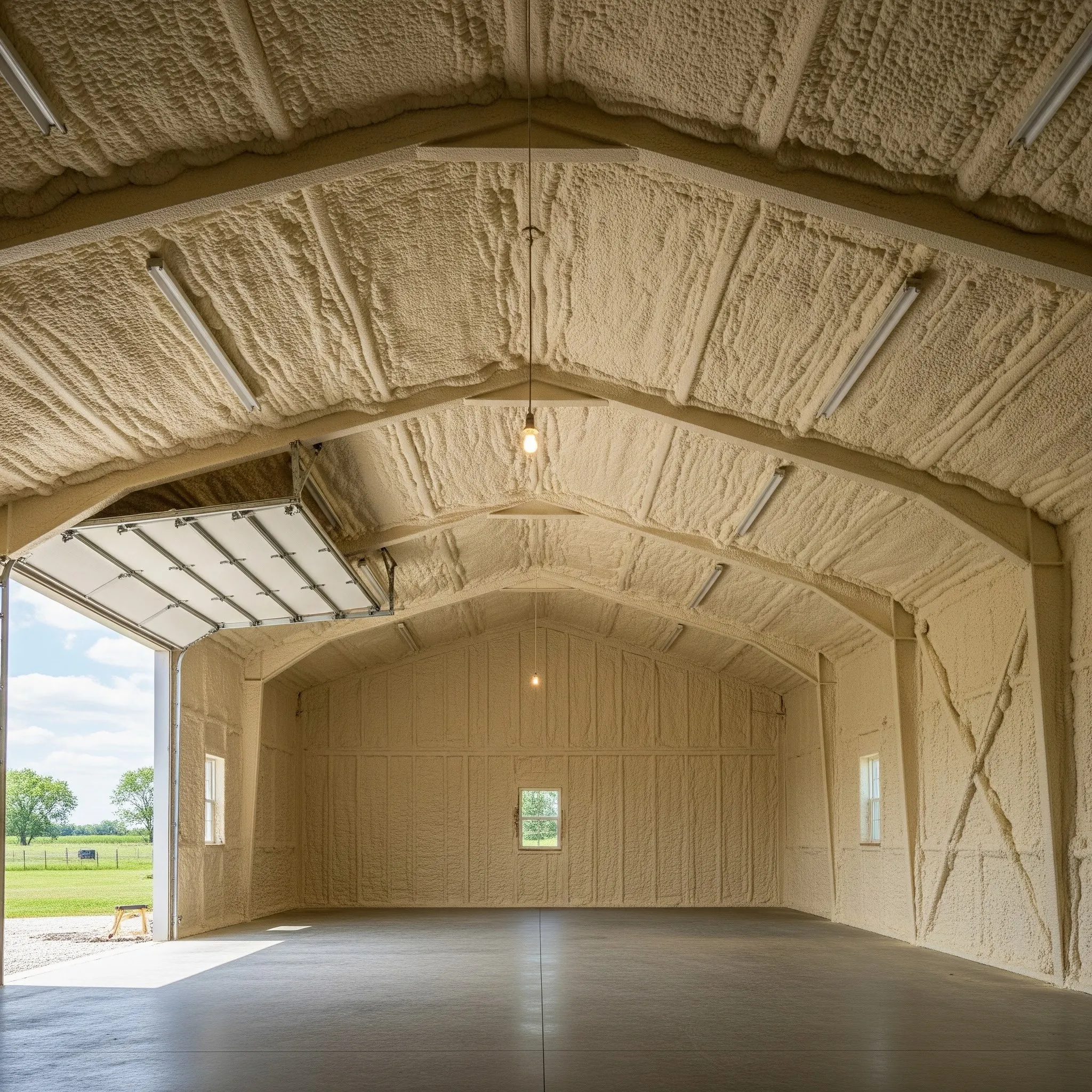 Arched pole barn interior finished with sprayed insulation